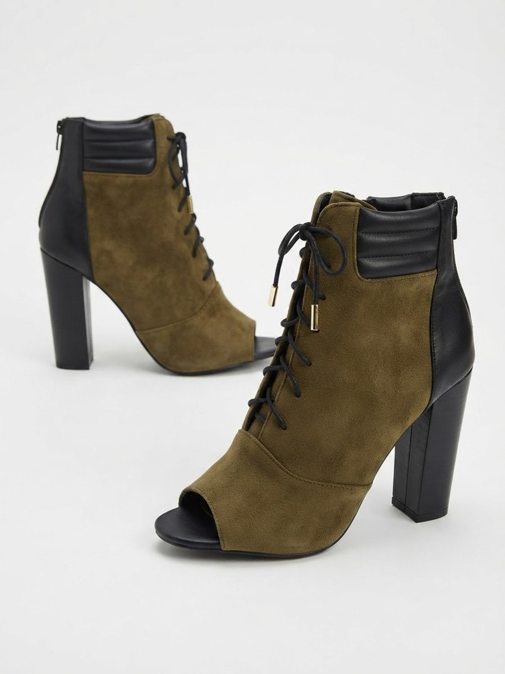 Olive Suede Lace-Up Peep-Toe Ankle Boots with Black Trim